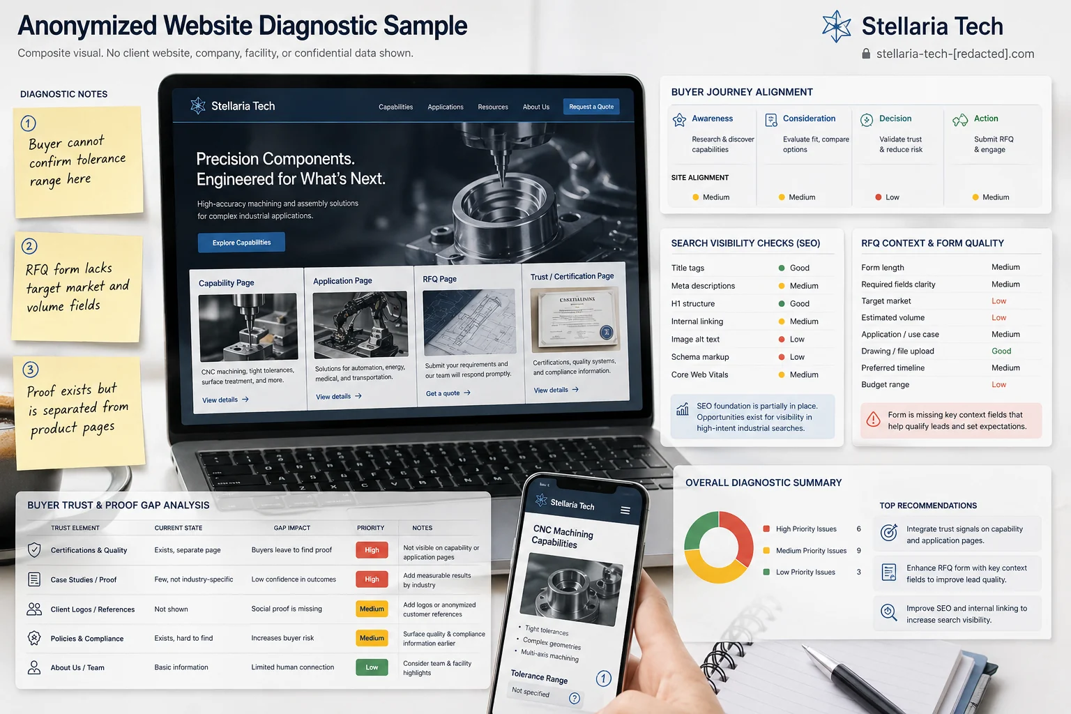 工业品官网脱敏诊断视觉，展示买家路径、SEO 检查、RFQ 表单质量、信任证明缺口和优先级建议。